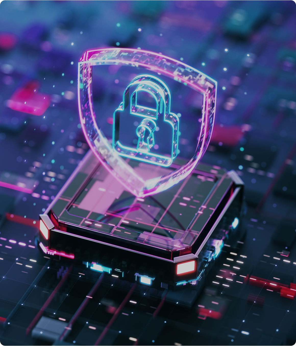 Digital lock on futuristic circuit board
